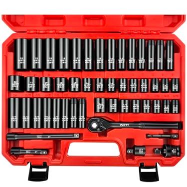 Imagem de WETT Conjunto de soquetes de impacto de 3/20.3 cm, SAE/Métrico, soquetes profundos/rasos, com alça catraca ajustável, barra de extensão, junta universal, adaptador e redutor, aço Cr-V, (5/40.6 cm-3