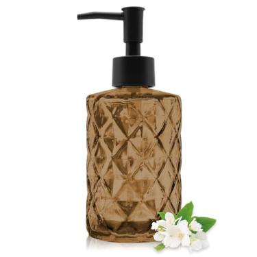 Imagem de Dispensador de sabão de vidro âmbar de 350 ml com bomba de plástico preto – Frascos de sabonete líquido recarregáveis para banheiro, cozinha, bancada, lavanderia e decoração de casa