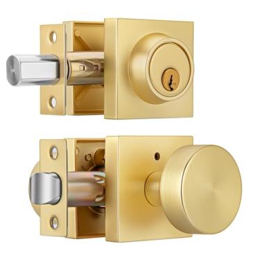 Imagem de Crequal Maçanetas de porta douradas escovadas com fecho, conjunto de maçanetas de porta frontal e fechadura resistente, maçaneta externa com conjunto de fechadura de fechadura de cilindro único (1