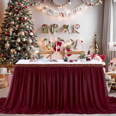 Imagem de Saia de mesa borgonha de chiffon de 3,5 m, saia de mesa retangular de 2 camadas, toalha de mesa verde para aniversário, chá de bebê, casamento