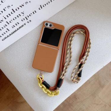 Imagem de Capa protetora para Samsung Galaxy Z Flip6 com estampa simples de couro liso e cordão transversal (para Samsung Galaxy Z Flip6/marrom)