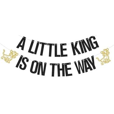 Imagem de Banner A Little King Is on the Way Decorações de chá de bebê com tema de rei leão decorações de festa de aniversário preto glitter