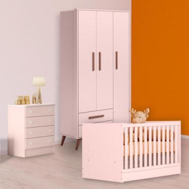 Imagem de Infantil Berço Mini Cama, Cômoda e Guarda Roupa Retrô Rosa - Qmovi