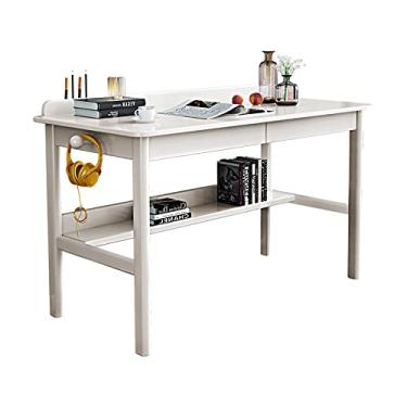Imagem de Escrivaninha de computador para escritório em casa, escritório em casa, mesa de madeira de borracha, simples, elegante, mesa de trabalho, multifuncional, PC com gavetas e prateleiras de armazenamento