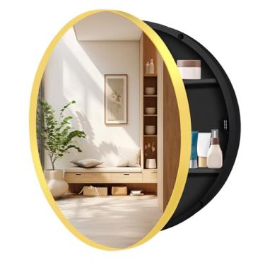 Imagem de Armário de remédios redondo de 61 cm com espelho, armário de remédios de banheiro dourado para parede com moldura de metal, armário de armazenamento circular apenas para montagem em superfície com