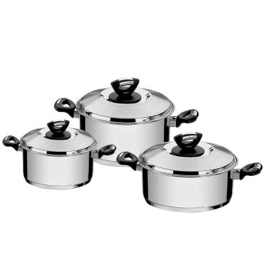 Imagem de Jogo de Panelas Tramontina Solar Baquelite Aço Inox Fundo Triplo com Cabos e Alças 3 Peças 65720740
