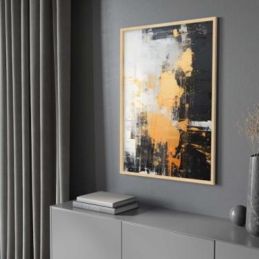 Imagem de Quadro Decorativo com Moldura e Acrilico Cristal Vidro Abstrato Pintura Preto Branco Dourado Sala Quarto Hall