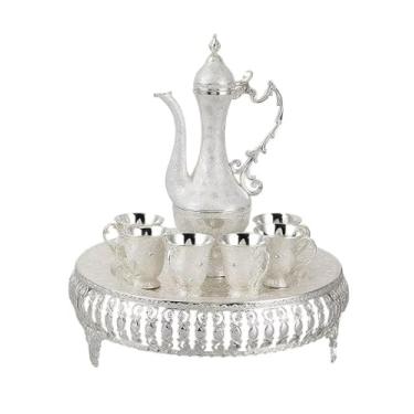 Imagem de SEEK RARE Conjunto de chá turco, bule de café vintage com bandeja de cristal brilhante e 6 xícaras para decoração de mesa de festa em casa, prata, branco