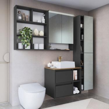 Imagem de Conjunto para Banheiro 5 Peças com Iluminação em Led e Cuba 156cm Cb.bn8005 Mel/Grafite