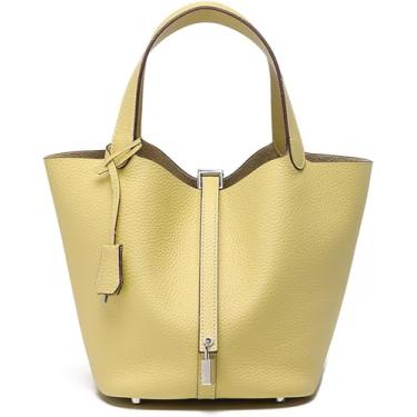 Imagem de ADPWRL Bolsa feminina macia de couro genuíno com design de cadeado moderno bolsa de cesta de vegetais com alça superior, Amarelo (cadeado prata), Large: 7.1" (L)*8.7" (W)*8.7" (H)