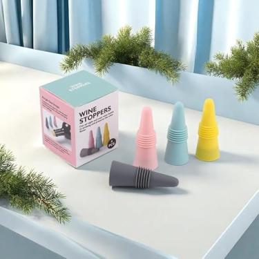 Imagem de Rolhas de garrafa de vinho, pacote com 4 garrafas reutilizáveis, seladoras de rolhas de vinho para vinho, champanhe, prosecco, bebidas espirituosas (rosa + amarelo + cinza + azul claro)