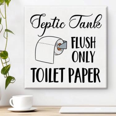 Imagem de Impressão de arte de parede de aviso de banheiro fossa séptica apenas nivelada pôster emoldurado de imagem de papel higiênico rústico para casa de banho decoração de banheiro 20 x 20 cm