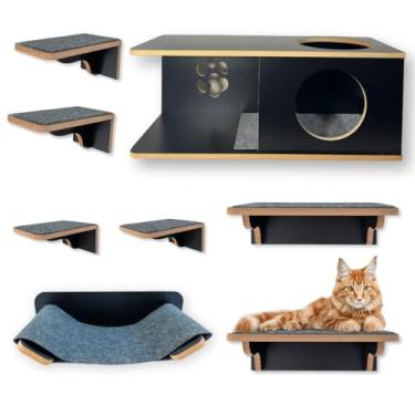 Imagem de BT WOOD Playground Para Gatos Moderno, MDF Laminado 15mm, 8 Peças com Nicho G e Degraus, Suporta 25kg, Pré-montado, Para Parede, 76x30x30cm, Carpete Antiderrapante (Preto)