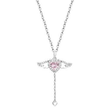 Imagem de Colar feminino com pingente de coração de asa de anjo com pingente de cristal rosa com asas giratórias, joias modernas, presentes, One Size, Metal, Sem Pedra Preciosa
