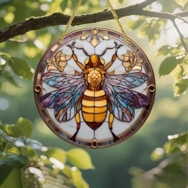 Imagem de Acrílico colorido Suncatcher, design de abelha de vitral, 18 cm, decoração de parede de janela suspensa com design de vitral impresso, ideia de presente e ornamento de jardim, uso interno e externo