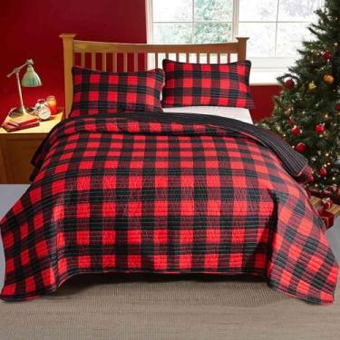 Imagem de Conjunto de colcha queen Merry Christmas, tamanho casal, 3 peças, colcha xadrez de búfalo vermelho e preto, colchas macias e leves, conjunto de cama de presente de ano novo moderno para casa de