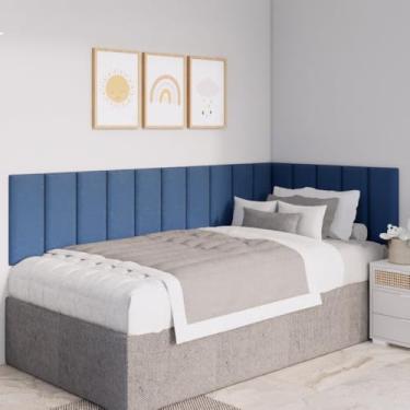 Imagem de Kit Cabeceira Modulada Estofada em L para Cama Box Casal Queen King | Placas 45x20cm em Suede Premium com Fita Dupla Face(AZUL,KING - 20 PLACAS)