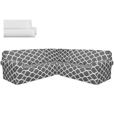 Imagem de Breling 3 capas de sofá modulares seccionais em forma de L para sala de estar, capa elástica para sofá de canto de 5 lugares, com tiras elásticas, protetor de sofá para quarto, lavável (cinza escuro)