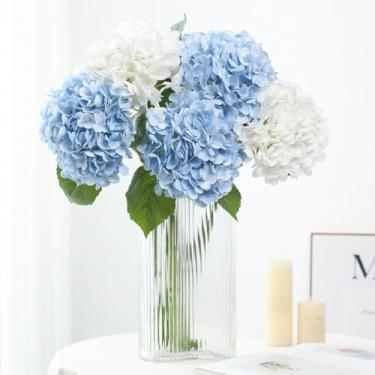 Imagem de NatureMan 4 peças de flores artificiais de hortênsia, látex de 50 cm, hortênsias de toque real, grandes flores de hortênsia para decoração de casa, arranjos de festa, buquês de casamento (2 azuis e 2