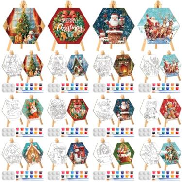 Imagem de Watersay Conjunto de 12 telas pré-desenhadas infantis para kit de pintura, 12 peças de tela pré-desenhada impressa de Natal de 15 x 15 cm, cavaletes, paletas, potes de tinta e 24 pincéis, lembrancinha