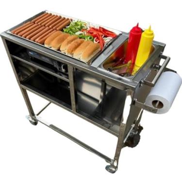 Imagem de Carrinho de cachorro-quente | Carrinho de aço inoxidável com chapa de alumínio de 50,8 cm | Movido a propano ou butano | Portátil 4 rodas | Carrinho de comida de rua para catering e venda automática |