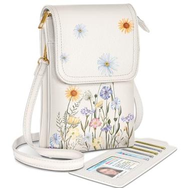 Imagem de Miss Adola Pequena bolsa transversal para celular feminina - linda carteira de celular de couro com compartimento para cartão, Flor de aquarela, Small