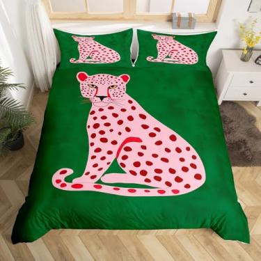 Imagem de Conjunto de capa de edredom de guepardo rosa, tamanho king, lindo leopardo, africano, animal selvagem, decoração de quarto para adultos, mulheres e homens, estampa de pele de leopardo rosa chique