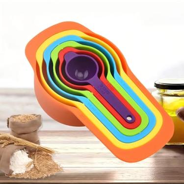 Imagem de Conjunto de 6 peças de copos e colheres medidores coloridos, copos e colheres empilháveis de plástico, copos medidores, utensílios de cozinha, utensílios de cozinha para cozinhar e assar