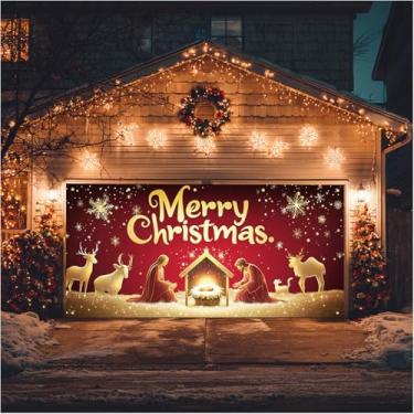 Imagem de HOMETITUTE Banner de porta de garagem de Natal 4 x 1,8 m decoração de férias com figuras douradas bebê Jesus e Maria fundo vermelho flocos de neve veado ovelha festivo ambiente externo interno