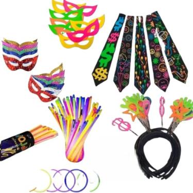 Imagem de Kit Festa Neon 160 Pecas Com Pulseira Neon Tiara Gravata Mascaras Plaquinhas Para Festas