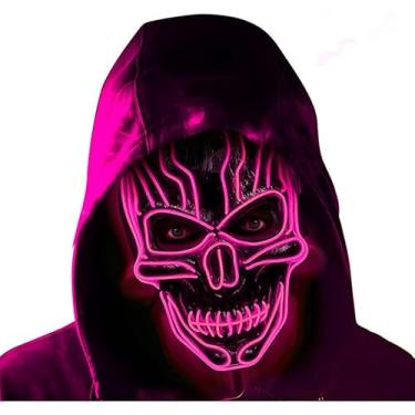 Imagem de SHANJIA Máscara de Halloween, máscara iluminada, crânio assustador com iluminação LED para festival de Halloween, cosplay, baile de máscaras, festa de carnaval (rosa)