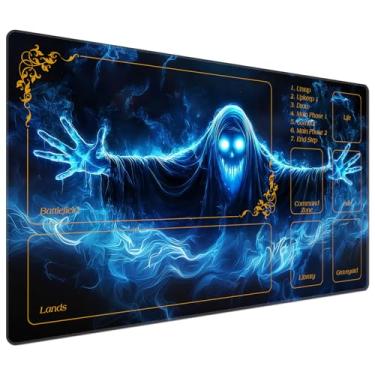 Imagem de MTG Playmat with Zones 27.5" x 15.74" for TCG MTG Play Mat Non-Slip Rubber Base Commander Playmats for Magic Playmat Iorcana Trading Card Game, Blue Flame Smoke Skull Death