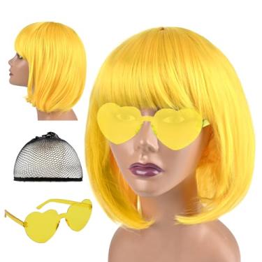 Imagem de FREEORR Conjunto de peruca Bob curta colorida e óculos de sol, perucas coloridas de festa cosplay para mulheres, lembrancinhas de festa neon de despedida de solteira, decoração de Halloween, natural