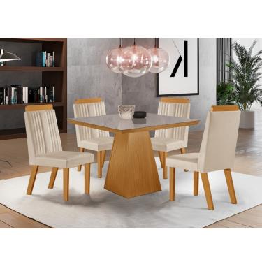 Imagem de Conjunto Sala de Jantar Mesa Prada com Tampo de Vidro 90cm e 4 Cadeiras em MDF Florença LJ Móveis - Castanho Cinamomo/ Creme/Off White