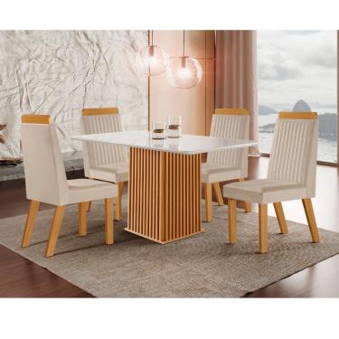 Imagem de Conjunto Sala de Jantar Mesa Riviera com Tampo de Vidro 120cm e 4 Cadeiras Riviera LJ Móveis - Castanho Cinamomo/ Creme/Off White