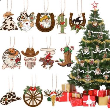 Imagem de Vercraft 36 peças de ornamentos de cowboy ocidental, decoração de Natal de madeira para árvore de Natal, chapéu de caubói vintage, cacto, botas de ferradura, enfeites de Natal para pendurar em massa