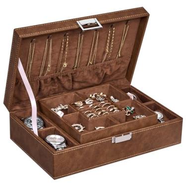 Imagem de BEWISHOME Caixa de joias masculina, caixa de joias para homens e mulheres, caixa organizadora de joias com caixa de armazenamento de 4 relógios e bandeja removível, estojo de armazenamento de joias de