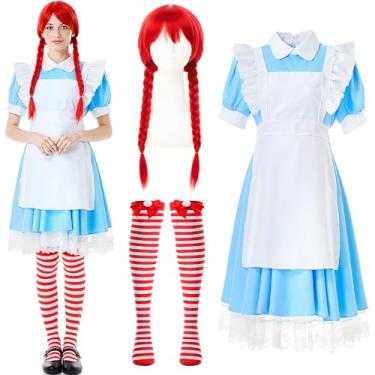 Imagem de TaoBary 3 peças de fantasia de Halloween Fast Food para mulheres, peruca trançada vermelha, avental de empregada azul, meia listrada vermelha e branca, Multicor, Medium