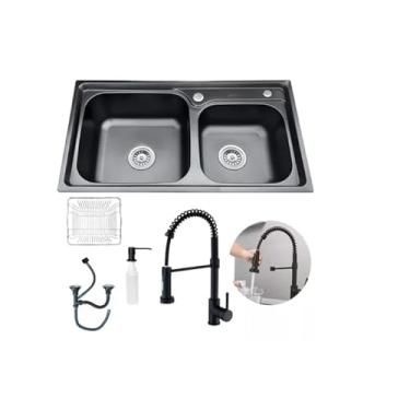 Imagem de Kit Cuba de Cozinha Gourmet Pia Dupla Inox Preta e Torneira Monocomando Flexivel Brinovar