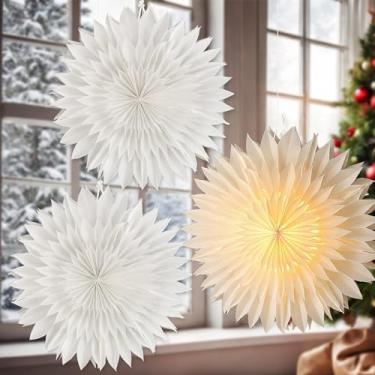 Imagem de Glooglitter Conjunto de 3 peças de lanternas de floco de neve de papel de Natal de 15,7 polegadas, lanternas de estrelas, luzes de LED, decoração de festa de inverno, enfeite de lâmpada branca