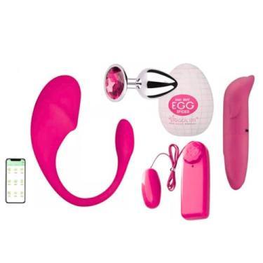 Imagem de Kit Sexshop Casal Feminino – Vibrador App Bluetooth Ponto G e Clitóris + Plug Anal + Bullet Cápsula + Masturbador Egg