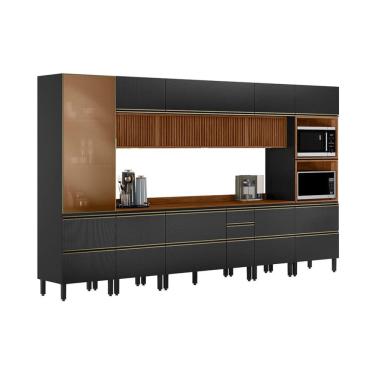 Imagem de Cozinha Completa com Vidro Reflecta e Ripado Proença 12 Portas 9 Gavetas Carbono e Nogueira