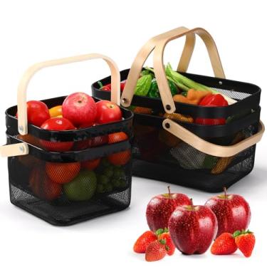 Imagem de Zonon Pacote com 4 cestas de colheita de piquenique, cesta de armazenamento de 2 tamanhos de malha de metal com cabo de madeira dobrável, cesta retangular durável de frutas para jardim, banheiro