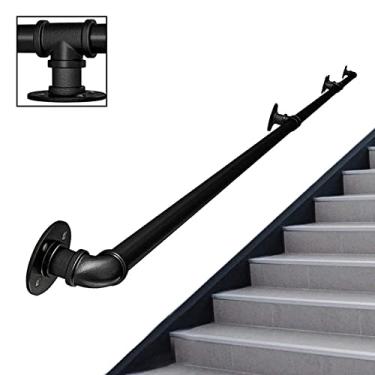 Imagem de Corrimão de escada, tubo de ferro, corrimão, escada, degraus, trilho de mão para escadas internas, capacidade de carga de 199 kg, suporte de montagem na parede, aço galvanizado, estilo industrial
