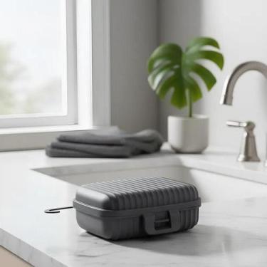 Imagem de Saboneteira com Tampa e Trava Preta Estriada Compacta Para Viagem Banh