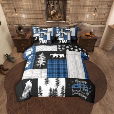 Imagem de Erosebridal Conjunto de edredom solteiro com urso, lobo caçador, chalé, casa de fazenda, chalé rústico, com lençóis, cama xadrez búfalo azul e preto em uma bolsa, colcha de retalhos, trailer, beliche