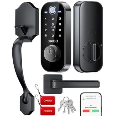 Imagem de OKIBB Conjunto de fechadura inteligente para porta frontal, WiFi integrado, fechadura de entrada sem chave com controle remoto de aplicativo, teclado digital eletrônico com alça de alavanca, impressão