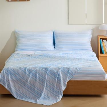 Imagem de MCO Conjunto de lençóis listrados de 4 peças, conjunto de lençol King respirável com bolso profundo de 41 cm, moderno e luxuoso, conjunto de cama de microfibra escovada (king, azul)