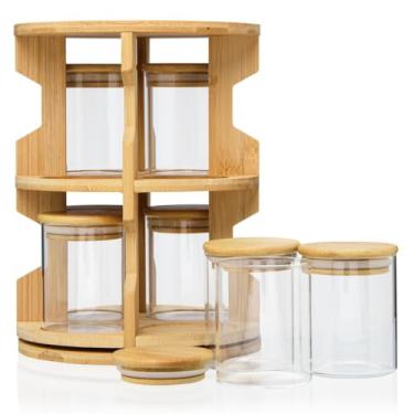 Imagem de Porta Condimentos Giratorio，Organizador Giratório 360º Porta Condimentos Temperos Com Potes Vidro Tampa Bambu Prateleira Bancada(Modelo 2)