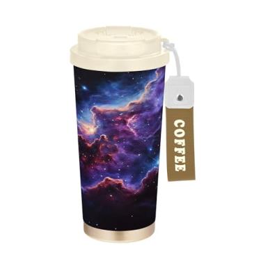 Imagem de SEHANY Caneca de viagem Galaxy Starry Sky de viagem de 500 ml Copos de café reutilizáveis revestidos de cerâmica com tampa à prova de vazamento, parede dupla, isolamento a vácuo, copo de café de aço